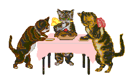 Three cats standing at a table, eating.